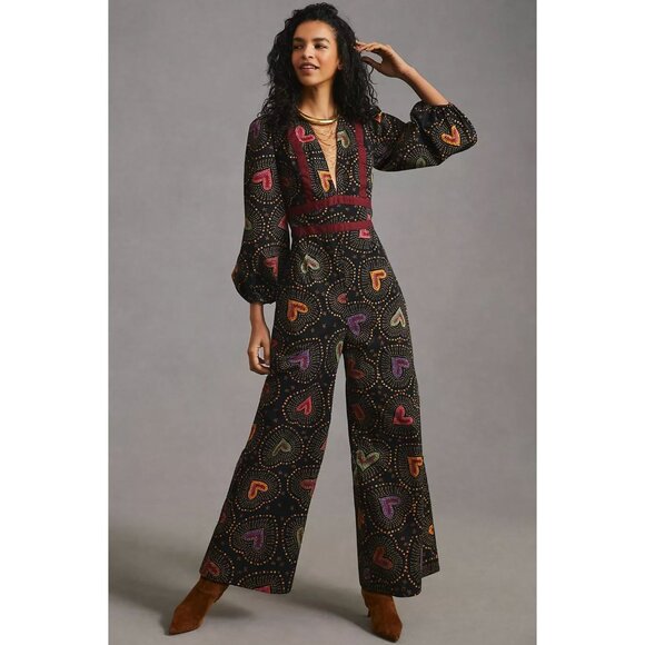 Anthropologie Pants - Anthropologie Farm Rio Deep-V Hearts Print Wide-Leg Jumpsuit Size Medium